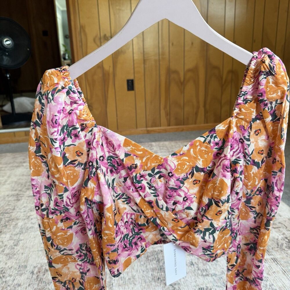 NWT Something Navy Linen Blend Set Crop Blouse Printed Flare Leg Pants Sz Medium - Picture 2 of 16